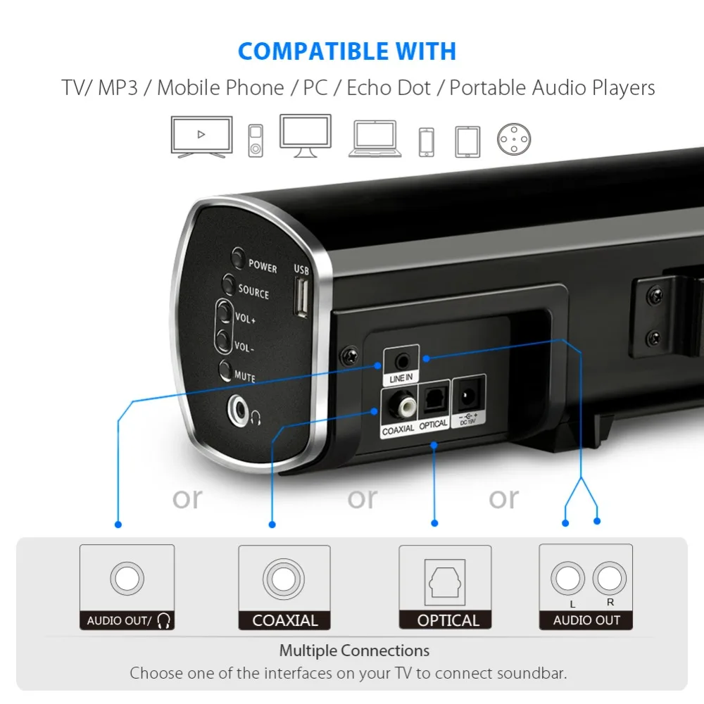 Arvicka дома Театр Саундбар 60 Вт Беспроводной Sound Bar 2.1 оптического канала Bluetooth ТВ с