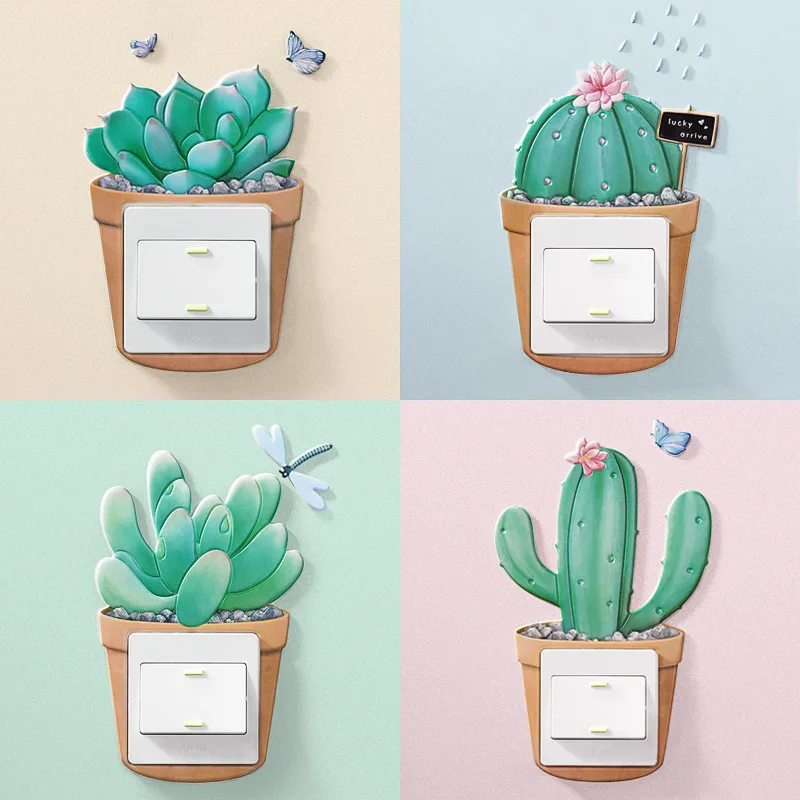 Cactus Switch Sticker Cartoon Room Decor 3D Wall Silicone On-off Luminous Light Outlet | Дом и сад