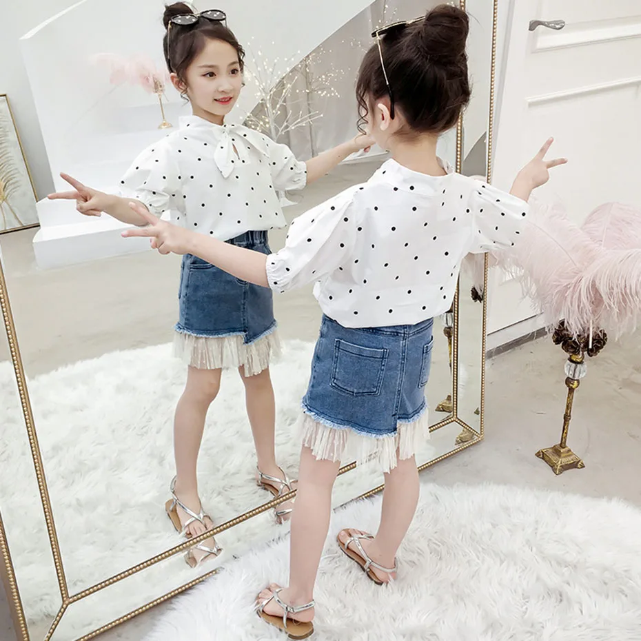 Летняя одежда для девочек блузка в горошек + шорты из 2 предметов комплект одежды