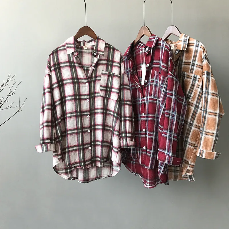 Autumn Boyfriend Style Women Blouse 2018 All Occasion Match casual College shirt long sleeve turn-down collar Plaid Office Shirt |