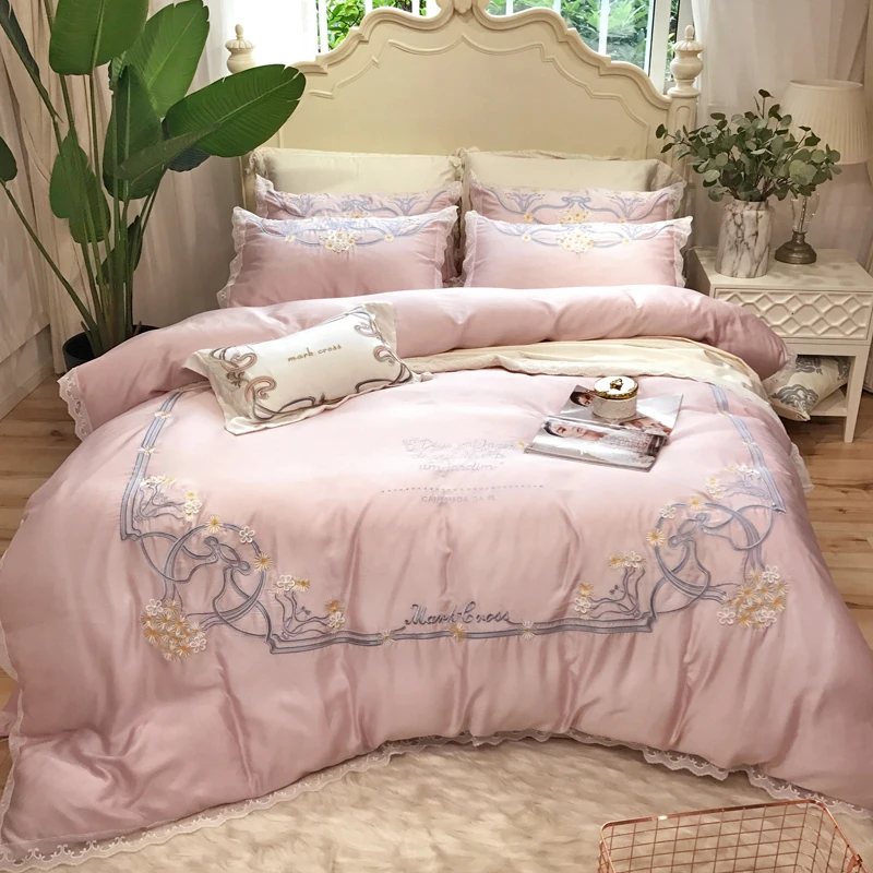 Modern Egyptian cotton Embroidery Bedding sets Queen King Tribute Silk Duvet cover Bed sheet set Pillowcases 4/6pcs pink blue | Дом и сад