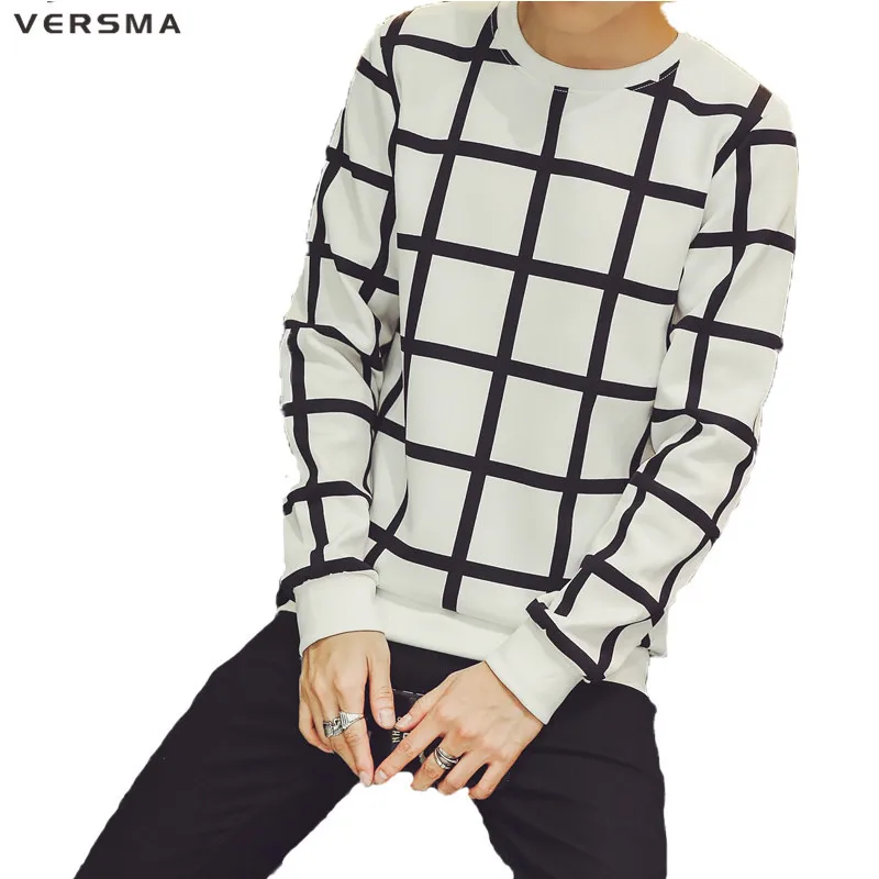 

VERSMA 2017 New Plaid Hoodies Sweatshirt Men O-neck Hip Pop Mens Hoodies Fashion Street Tops Tees Long Men Hooded Brand-clothing