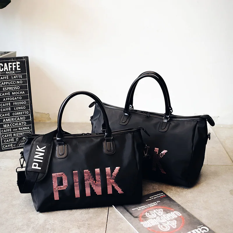 

Sequins PINK Letters Gym Fitness Sports Bag Shoulder Crossbody Bag Women Tote Handbag Travel Duffel Bolsa 2021 Newest Design