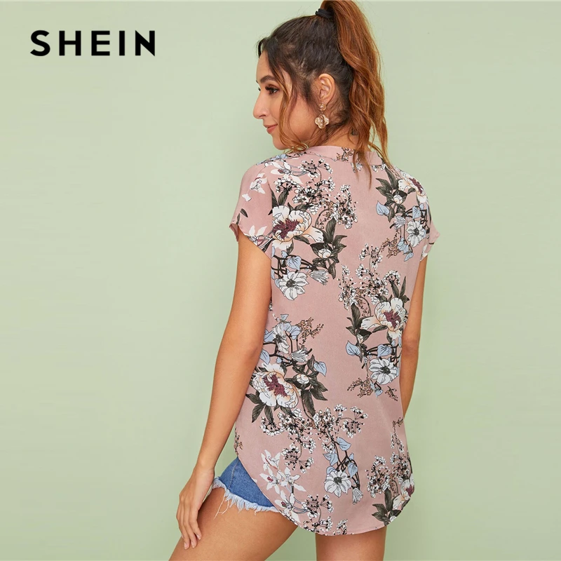 SHEIN Модный летний топ с v-образным вырезом и рукавами-крылышками и цветочным принтом, Женские топы и блузки