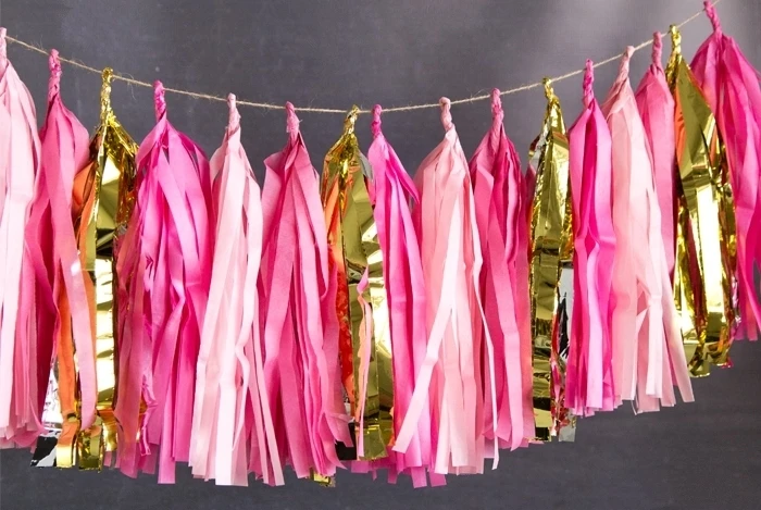 (Fuchsia Pink Gold) Fiesta Decoracion Tassel Garland Tissue Paper Fringe Bunting For Wedding Baby Shower Birthday Party Decor | Дом и сад