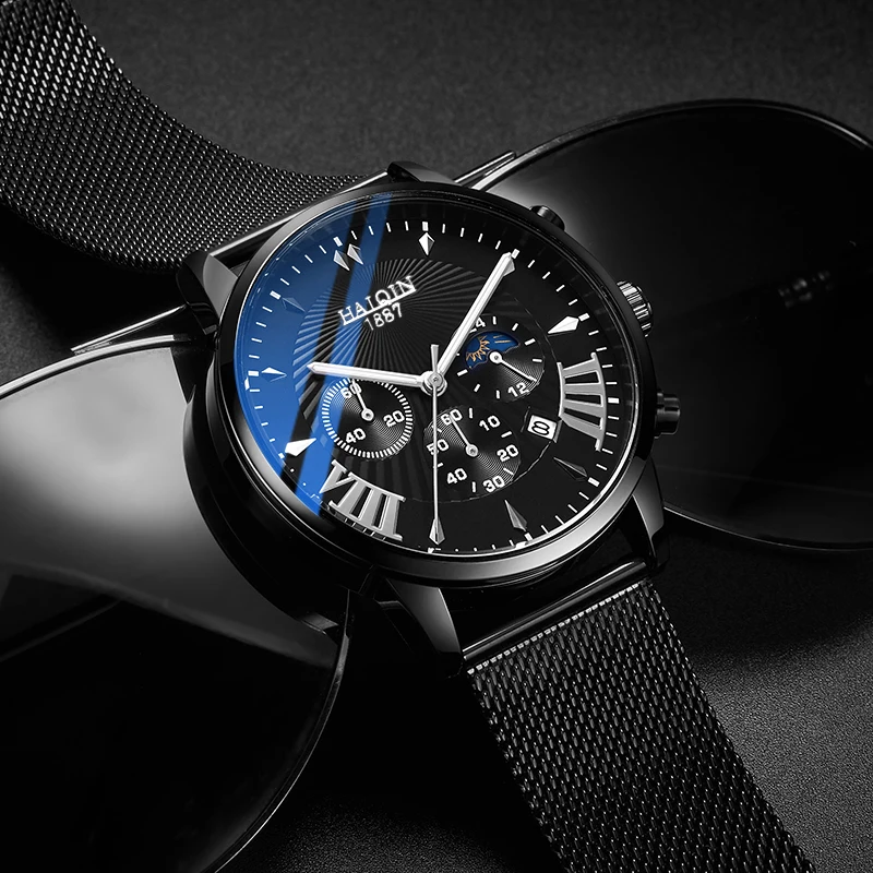 Мужские наручные часы HAIQIN Роскошные Кварцевые с Лунной фазой водонепроницаемые