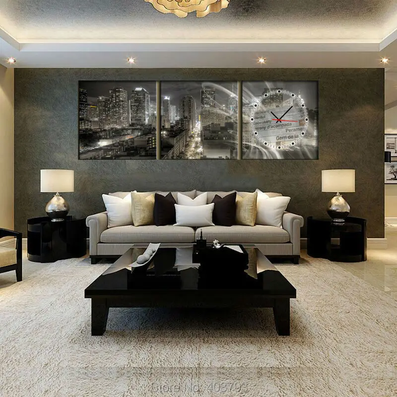 Городской пейзаж ночью современный декор часы холст печать 3 панели комплект
