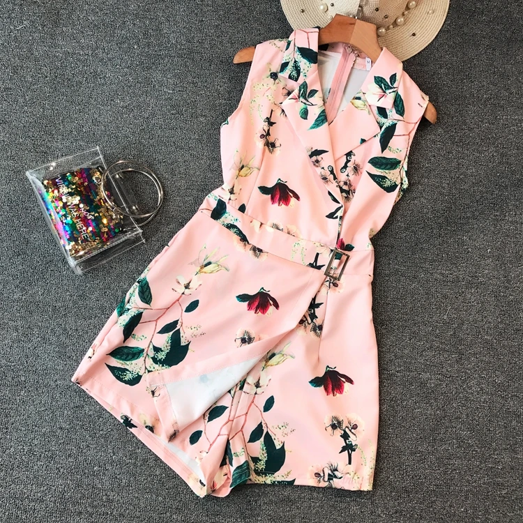 Лето Флора печатных костюм воротник рубашка без рукавов Асимметричный пояса с