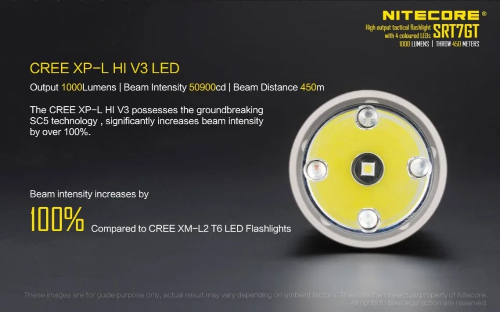 Набор фонарей NITECORE SRT7GT CREE XP-L HI V3 RGB УФ-Фонарик Макс 1000ЛМ дальность луча 450 м фонарь+ аккумулятор 18650+ зарядное устройство