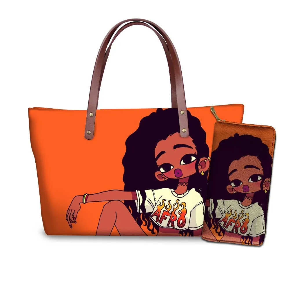 NOISYDESIGNS Women 2pcs Handbags&Purse Set for Ladies Afro Black Girl Magic Melanin Poppin Hand Bag Females Custom Name Tote Bag