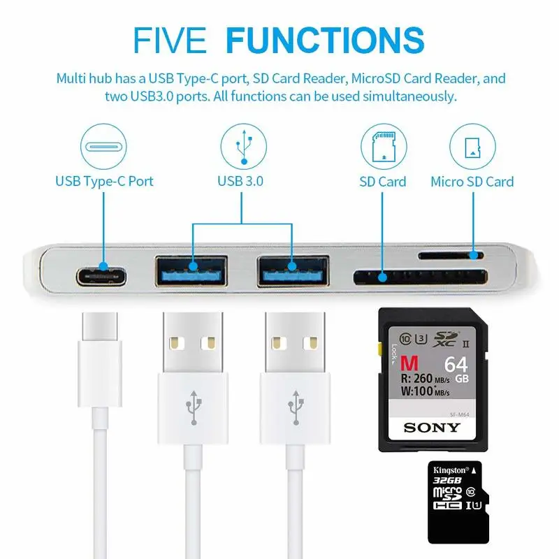 Basix USB C концентратор с адаптером питания 2 порта 3 0 и SD/Micro SD TF кардридер для MacBook Pro