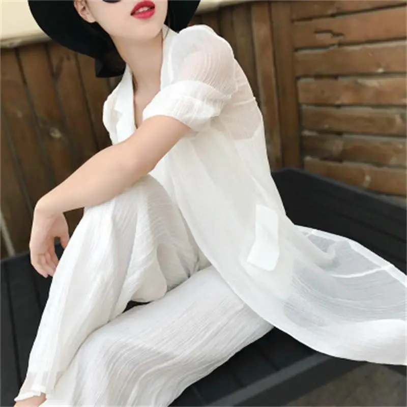 

Summer New temperament Casual Loose thin section in the long section of fashion suit jacket+wide leg pants two-piece Suit women