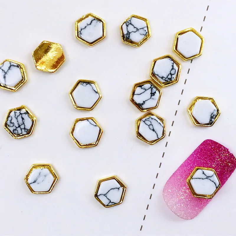 10Pcs/Lot New 6*7mm Hexagonal with Turquoise Stone Metal Alloy Nail Art Decorations Stickers for Manicure | Красота и здоровье