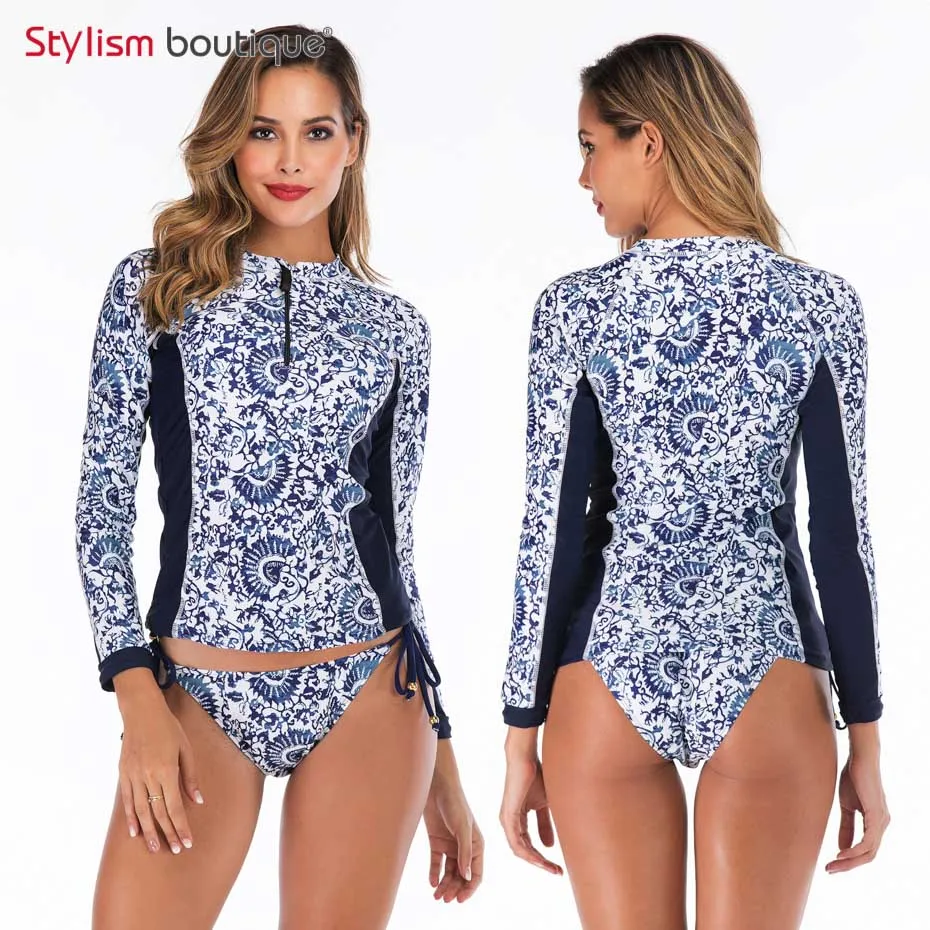6607 New Rashguard Padded Long Sleeve Swimsuit Surfing Rash Guard Women Two Piece Swimwear Separate Tankini Sport Bathing Suit - Цвет: 6607