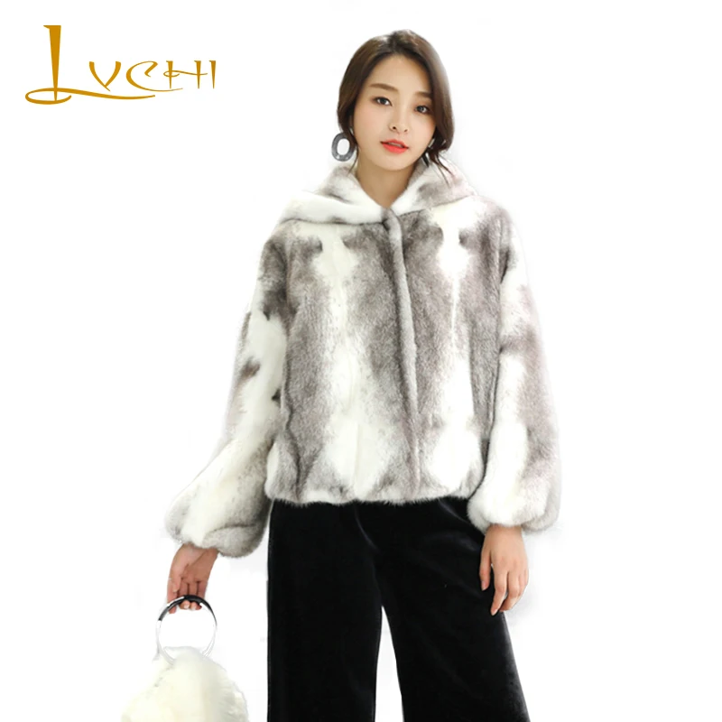 

LVCHI Natural Fur With Fur Hood Women's Import Swan Velvet Cross Mink Coat 2019 Winter Real Mink Fur Coats Long Sleeve Mink Coat