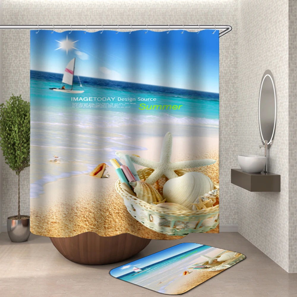 

Blue Sky Shower Curtain White Cloud Bathroom Curtain Sea Beach Watermelon Waterproof Fabric Curtain Shower