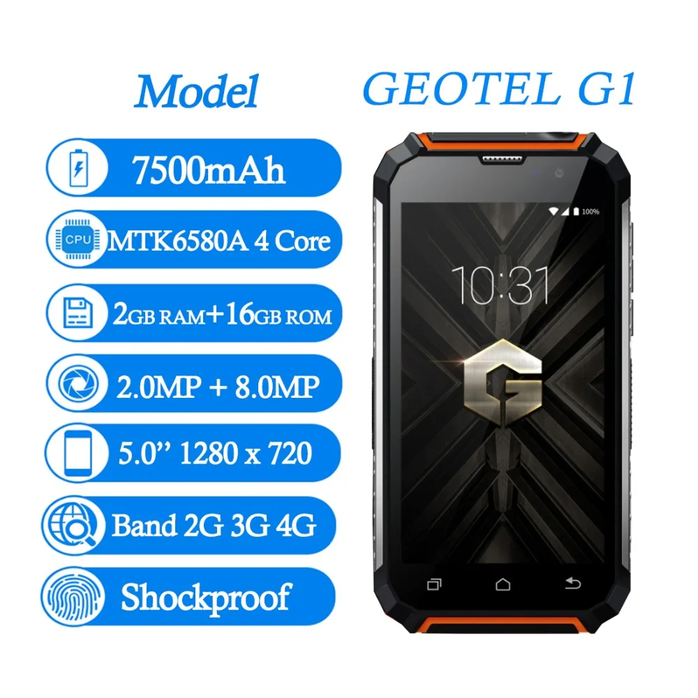 Geotel G1 2GB+ 16GB противоударные смартфоны 7500mAh 5,0 ''Android 7,0 MTK6580A четырехъядерный 1280x720 WCDMA 3G Dual SIM мобильный телефон