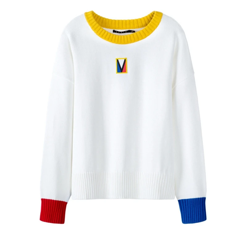 white SEMIR женский контрастный тонкий вязаный свитер, хлопок, Женский пуловер, свитер с ребристой горловиной, манжетами и подолом на весну - Цвет: white