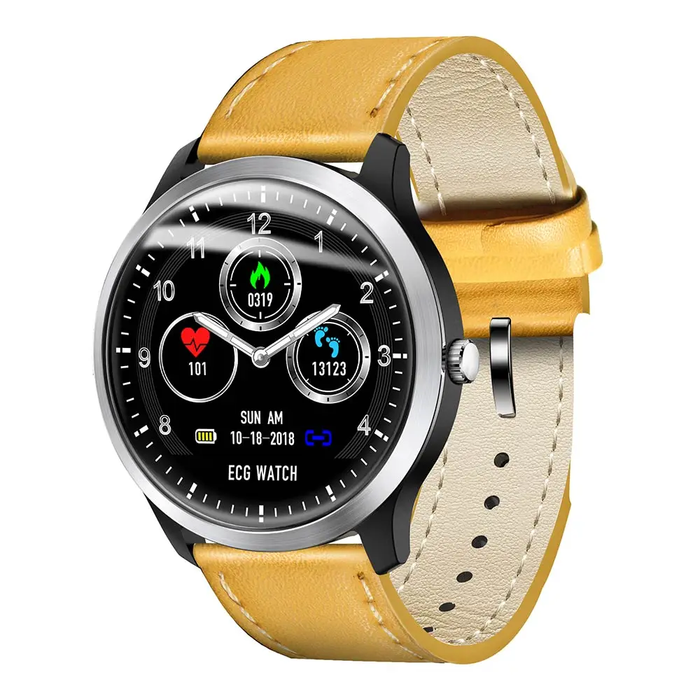 Leather Yellow LEMFO кожаные Металлические Смарт-часы ЭКГ PPG пульсометр Мониторинг Артериального Давления напоминание о звонках IP67 Водонепроницаемый для мужчин и женщин - Цвет: Leather Yellow