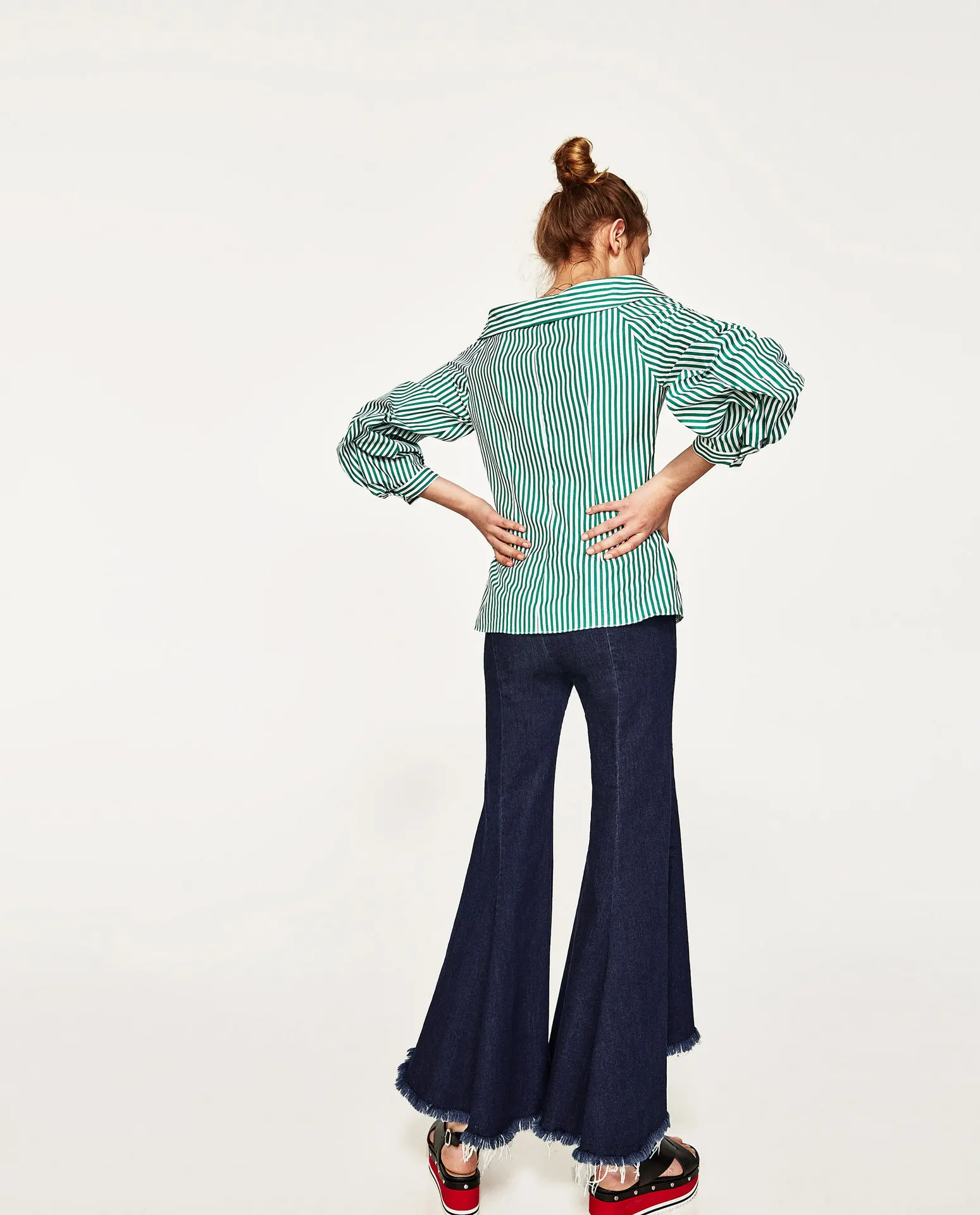 Летние Для женщин Za Элегантный Полосатый плиссированные рубашки Фонари рукавом