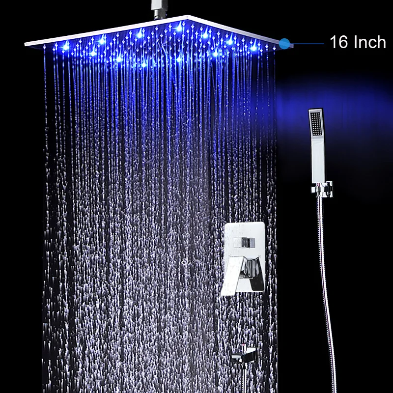 

Hot And Cold Shower Faucet Set 16 inch Polished 2 Functions shower Bath Rainfall / hand shower Water Power Led Light