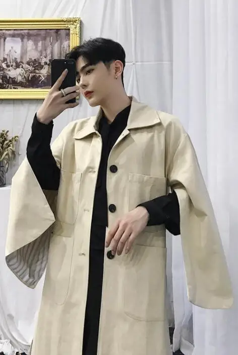 

Loose trench coat men Multi-pocket overcoat long sleeve mens clothing Single-breasted outerwear casaco masculino khaki grey