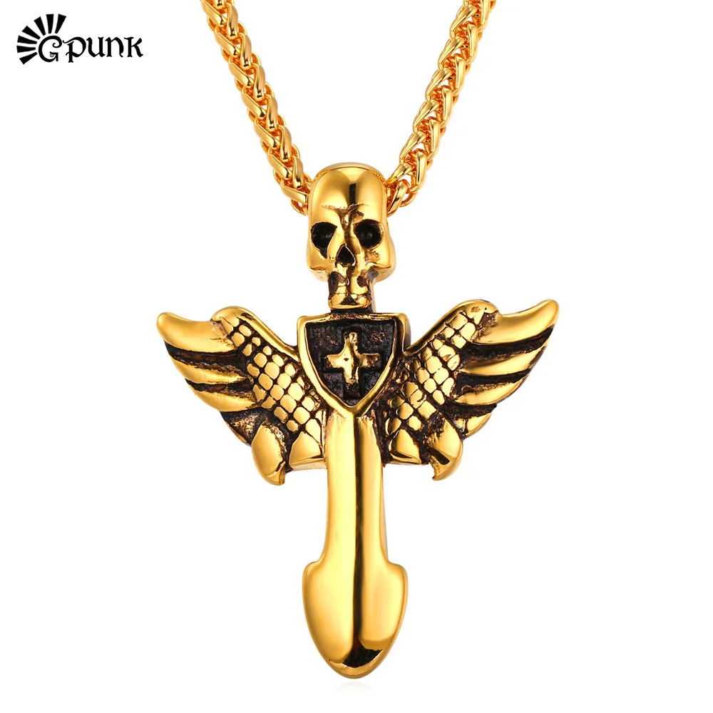 G в стиле панк рок Стиль Латинский крест Скелет крыло для мужчин кулон из желтого