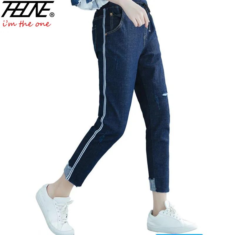 blue THHONE женские джинсы брюки плюс размер 5XL дырочки эластичные с высокой талией повседневные брюки Mujer джинсы Femme рваные джинсы для женщин - Цвет: blue