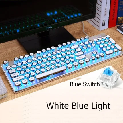 White Blue Light E-Sports стимпанк Ретро круглый брелок USB Проводная Механическая игровая клавиатура с подсветкой синий черный переключатель полные антипривиденные ключи - Цвет: White Blue Light