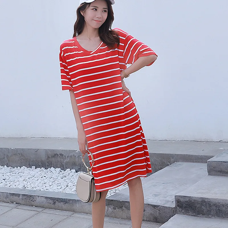 New plus-size dress summer version of loose splicing stripe Short sleeve pregnant woman's long Dress | Женская одежда