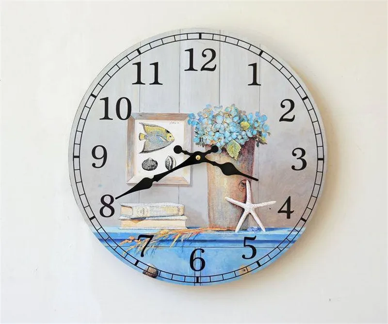 Home Study decoration wall clock mute wood Blue life Silent fish Pictures Styles Round Craft electronic digital | Дом и сад