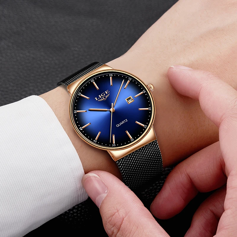 Лидирующий бренд Роскошные мужские часы LIGE повседневные модные сетчатые