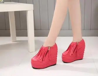 12CM Женские туфли на высоком каблуке и платформе с круглым носком; сезон весна-осень; туфли-лодочки на танкетке с бахромой; женские туфли-гладиаторы на высоком каблуке - Цвет: 12CM