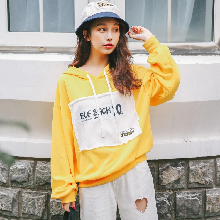 Для женщин Толстовка Harajuku толстые Ulzzang повседневное Свободные Письмо мозаичные