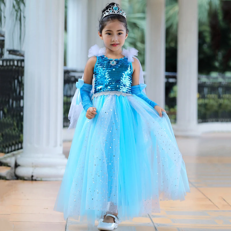 

Summer Girl Elsa Princess Long Dress Children Halloween performance Costumes Blue sequined Kid Party Tutu Dresses 2019 New