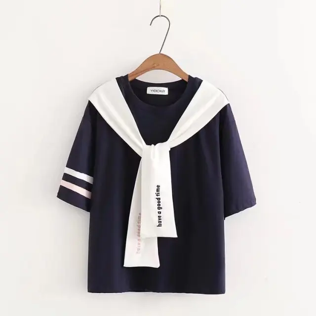 Тёмно-синий Merry Pretty sailor, женская футболка, новинка, летняя, Япония, стиль, вышивка, короткий рукав, галстук, галстук, воротник-бабочка, хлопок, кроп-топы - Цвет: Тёмно-синий
