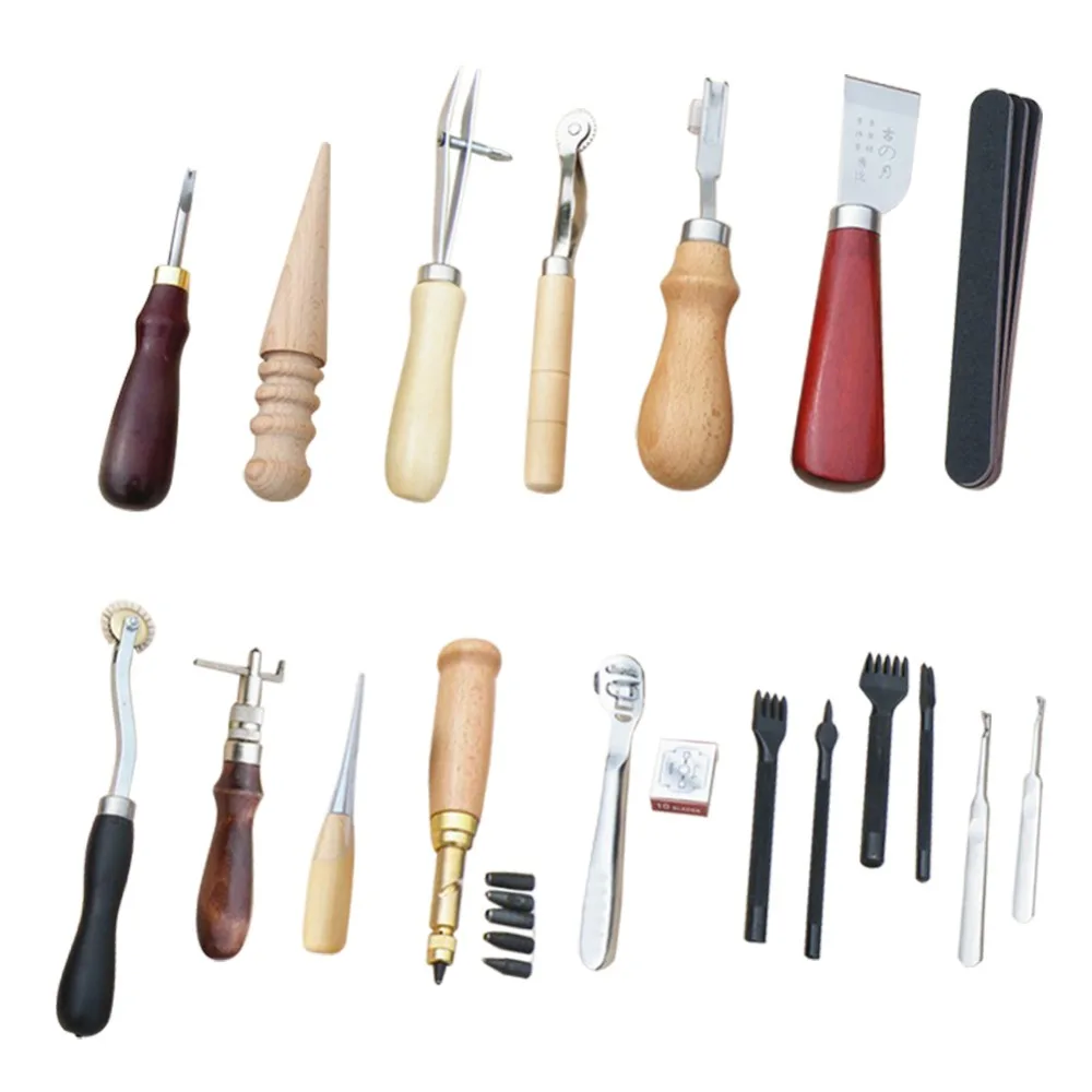 

Professional 18 Pcs Leather Craft Tools Kit Hand Sewing Stitching Punch Carving Work Saddle Leathercraft Accessories