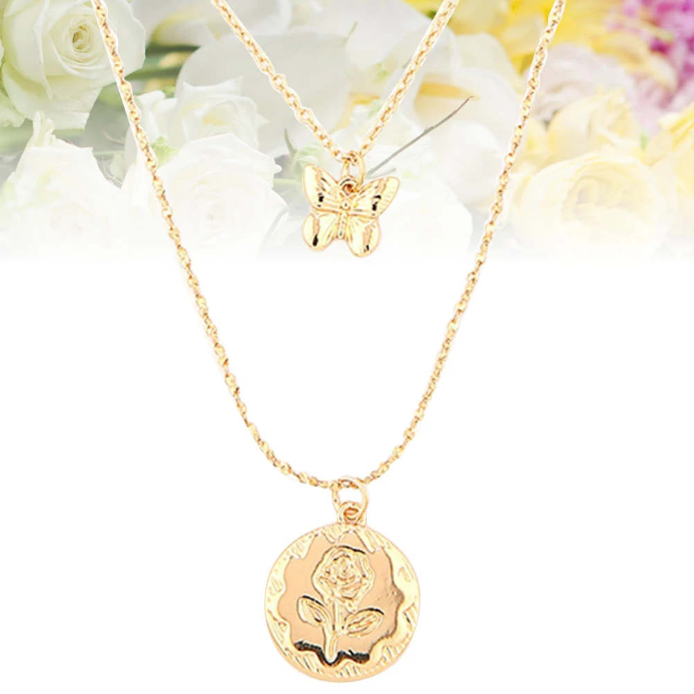Золотое Ожерелье декор Красивая двухслойная бабочка кулон Роза цветок ожерелье
