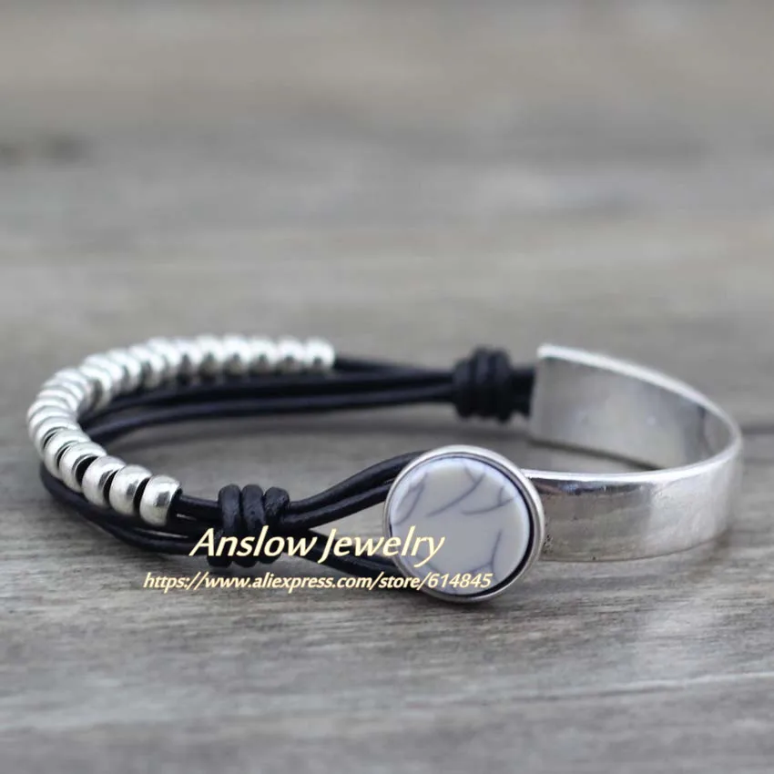 Anslow бренд ручной работы DIY кожаный браслет с бусинами для мужчин Pulseiras мужской браслет оснастки браслет ювелирные изделия подарок LOW0524LB - Окраска металла: black