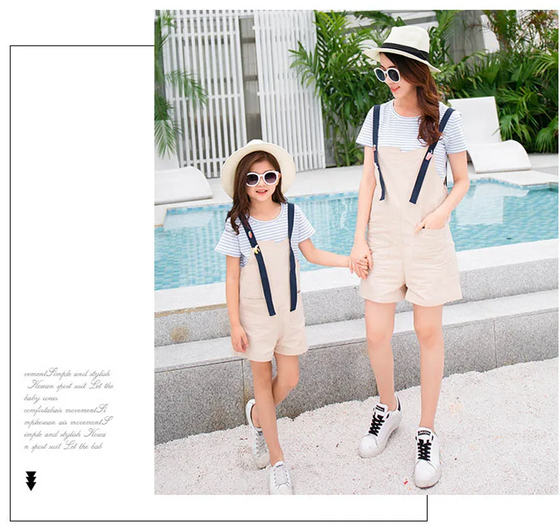 Family Matching Outfits Striped Mother Daughter Overalls Clothes Father And Son T Shirt Short Pants