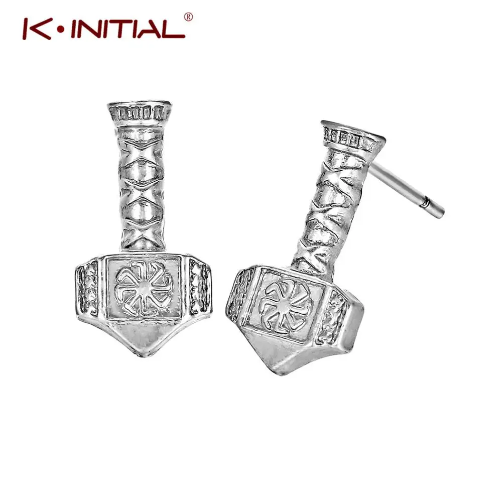 

Kinitial Hammer of Thor Earrings Superhero Vintage Style Stud Earrings For Women Men Fashion Viking Amulet Sun Wheel Ear Jewelry