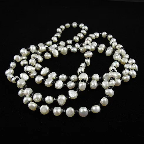 Unique Pearls jewellery Store 120cm Long Pearl Jewelry 4mm Black Crystal Beads 7-8mm Baroque White Freshwater Necklace | Украшения и