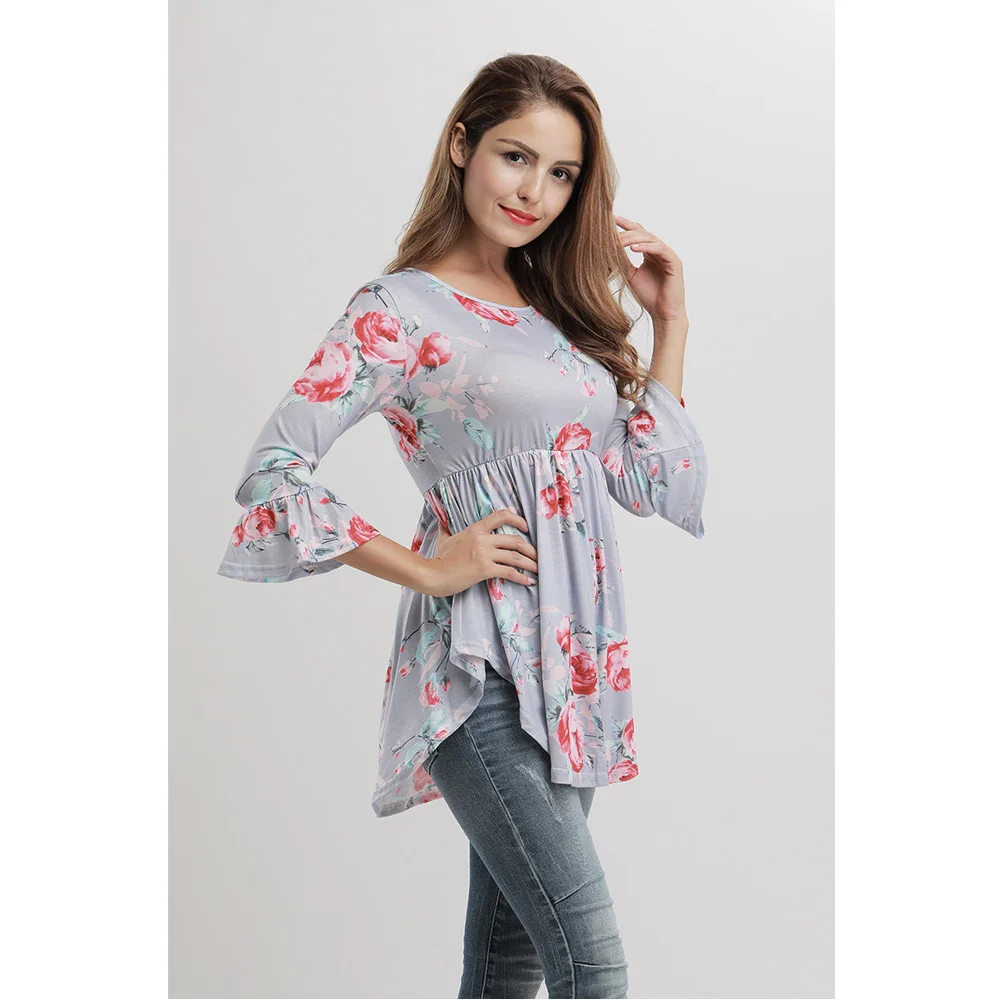 Весенние женские блузки 2019 модные с коротким рукавом цветочный принт топ круглым