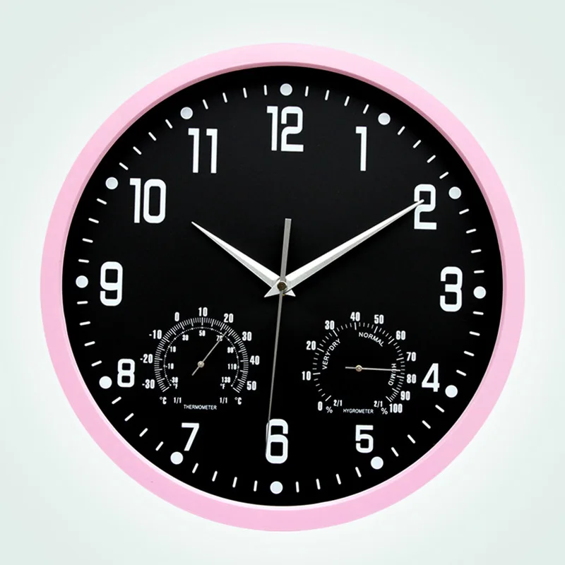 Black Dial-Pink 14 дюймовые бесшумные кварцевые настенные часы с термометром гигрометром, бесшумные механические настенные часы, современный дизайн - Цвет: Black Dial-Pink