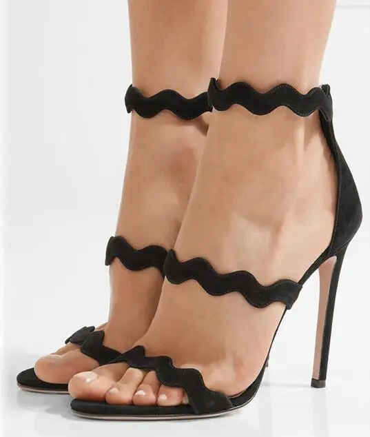 

Rome Style Womens High-heel Sandals Sexy Black Suede Wave Gladiator Sandals Open-toe Back Zipper Cage Shoes Women Customized
