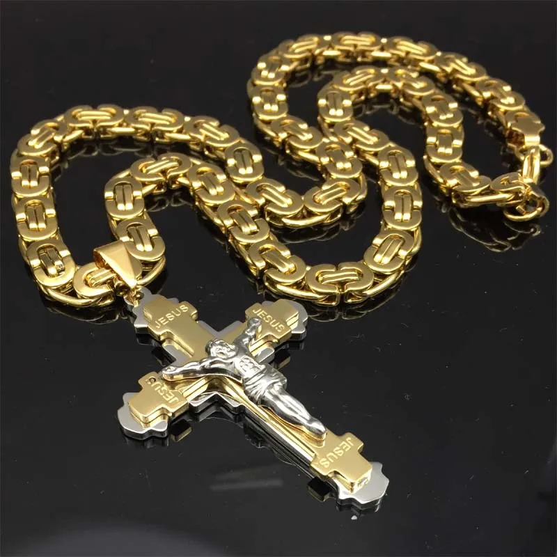 1pcs Exquisite Crucifix Jesus Cross Necklace Stainless Steel Christs Pendant Gold Byzantine Chain Men Necklaces Jewelry Gifts 24 | Украшения