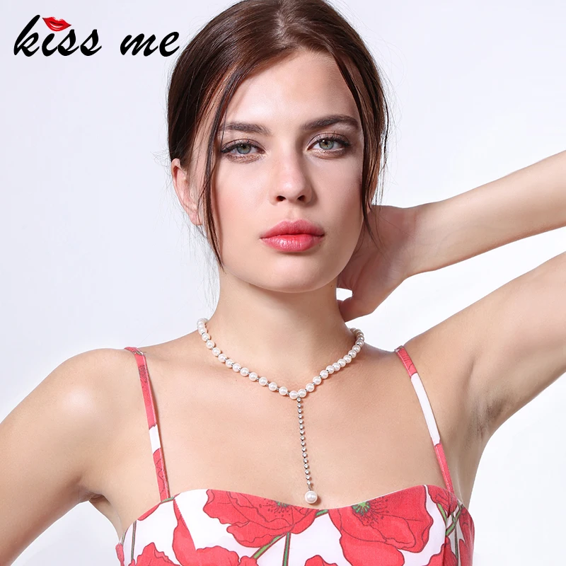 Женские ожерелья с искусственным жемчугом KISS ME модные белые бусы цепочка стразы