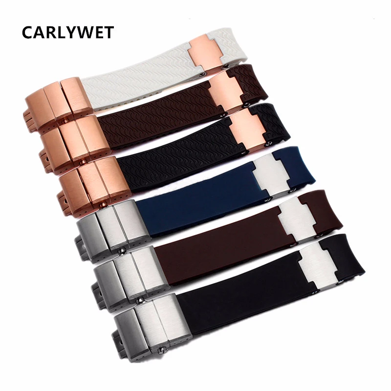 CARLYWET 22mm(20mm buckle) Rubber Watchbands Black Brown White Waterproof Curved End Silicone Rubber Watch Band Silver Clasp