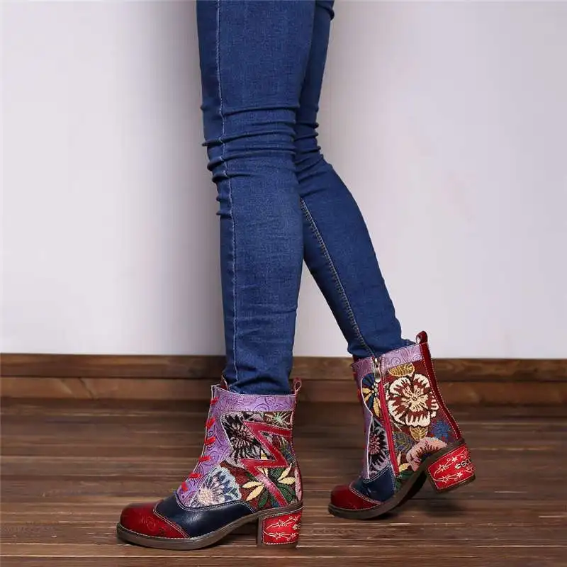 Socofy Fashion Vintage Cowgirl Boots Women Shoes Woman Genuine Leather Ankle Boots Chunky Block Heel Western Booties Bota