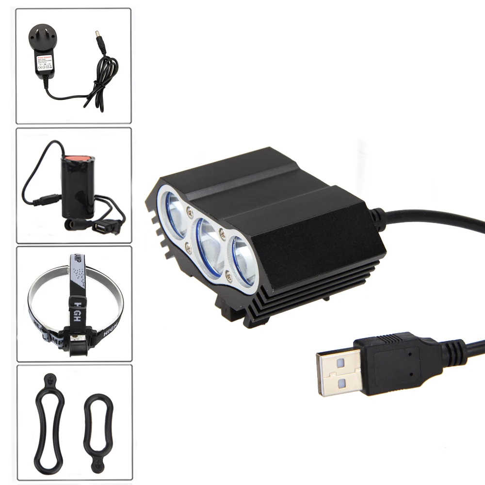 Светильник фонарь 3x T6 LED 7500LM велосипедный с USB Головной аккумулятором 4x18650 +